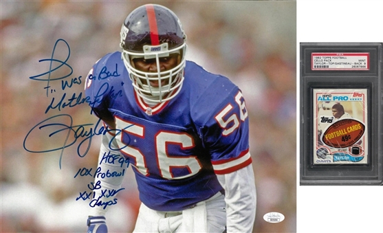 Lawrence Taylor Distinctive Cards and Collectible Pair (2 Items) – 1982 Topps Unopened Cello Pack/LT Rookie Card on Top (PSA MINT 9) and Taylor Signed and Inscribed "Profanity" Photo (JSA)